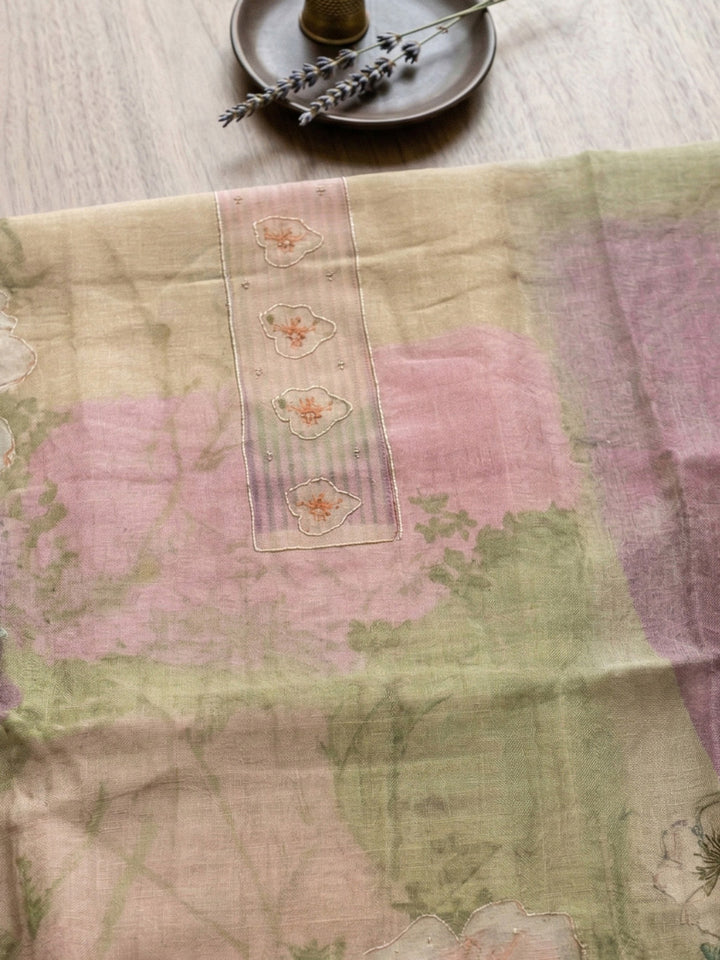 Embroidered Linen Blend Unstitched Suit With Pant &amp; Dupatta