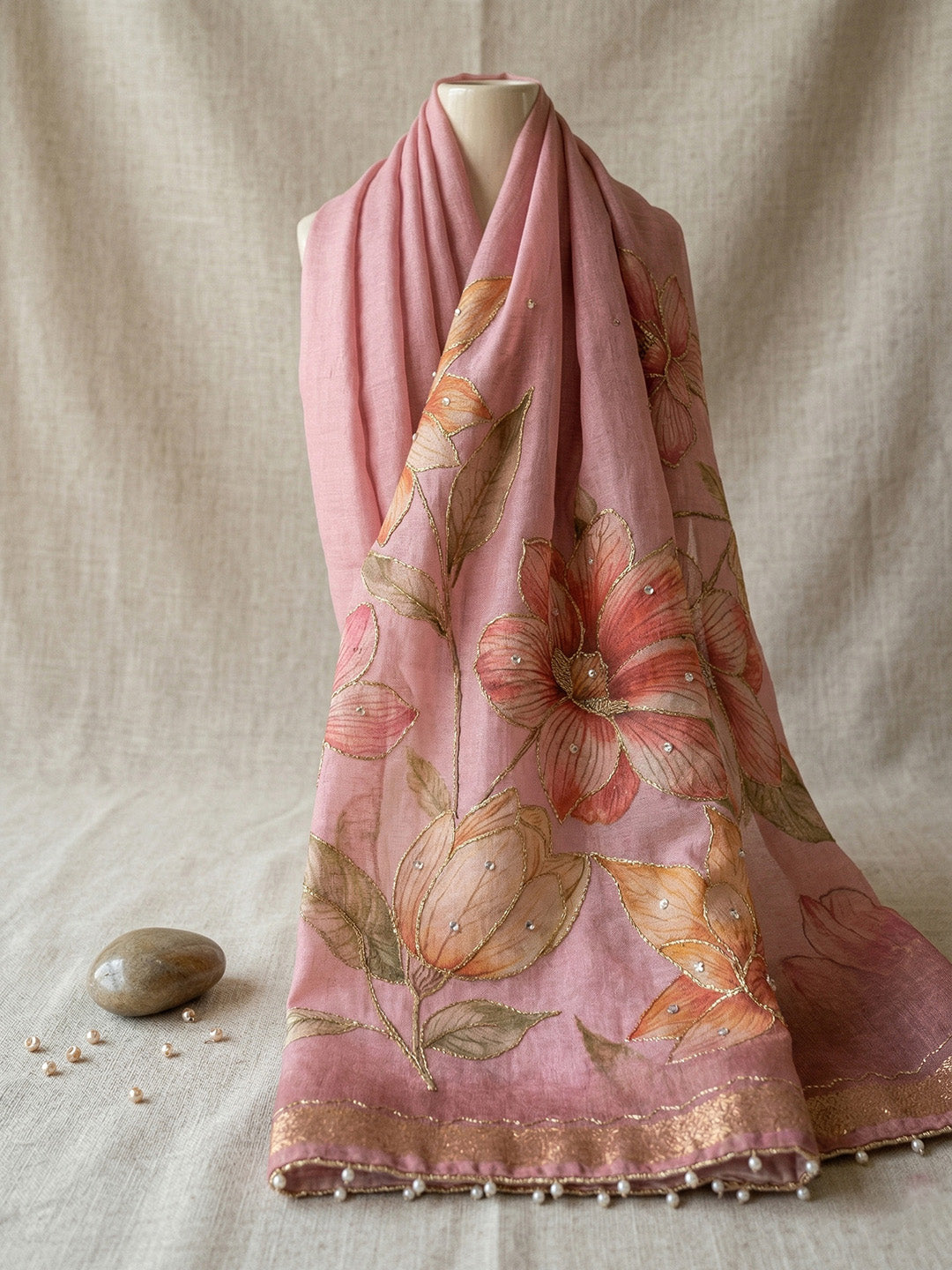 Embroidered Linen Blend Unstitched Suit With Pant &amp; Dupatta