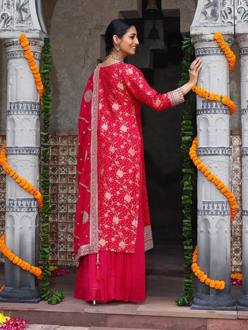 Woven Banarasi Kurti With Palazzo & Dupatta