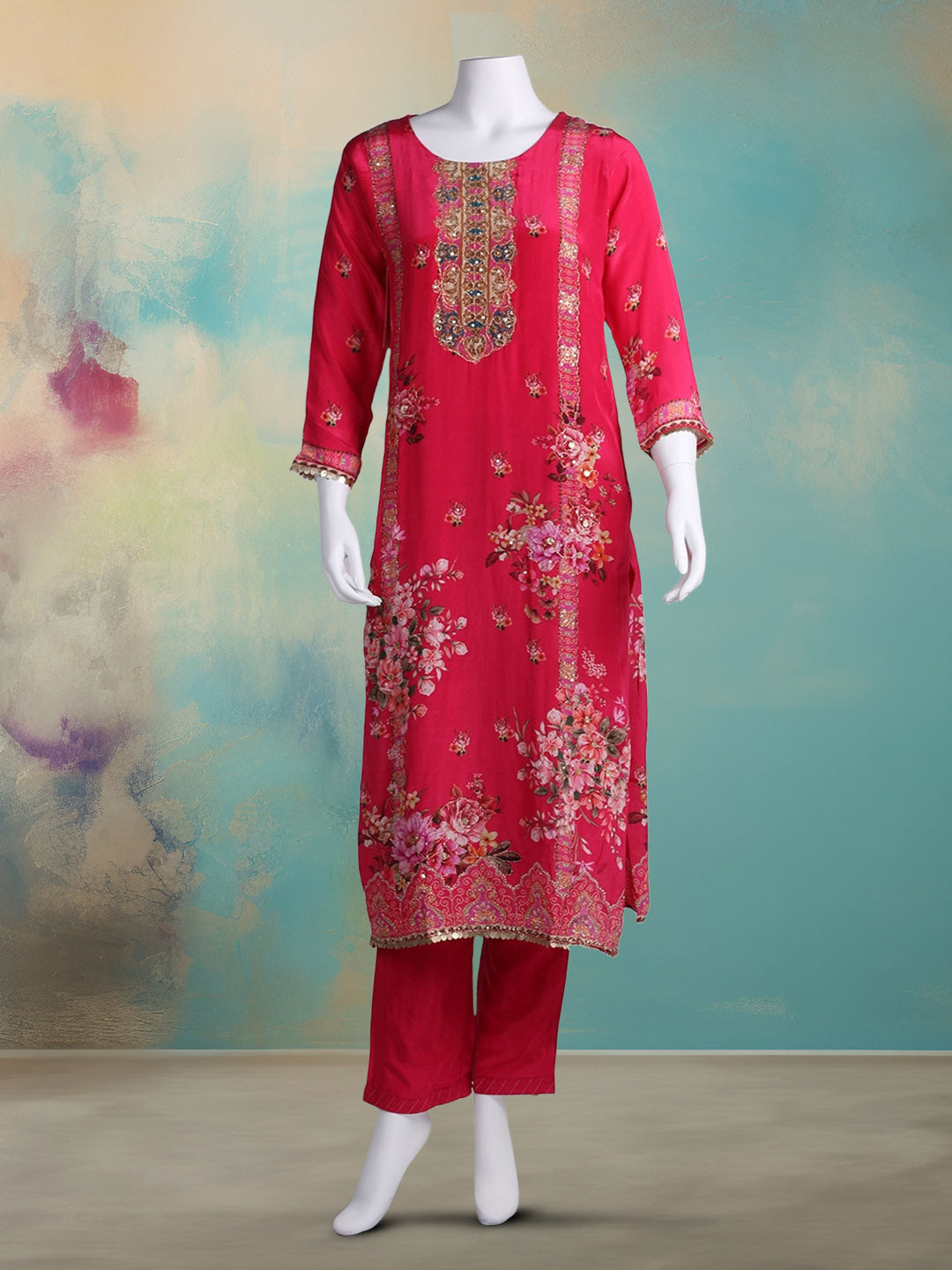 Printed With Embroidered Crepe Kurta With Pant &amp; Dupatta