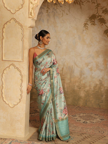 Digital Floral Printed Art Tussar Saree