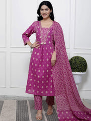 Printed Cotton Blend Kurta With Pants & Dupatta