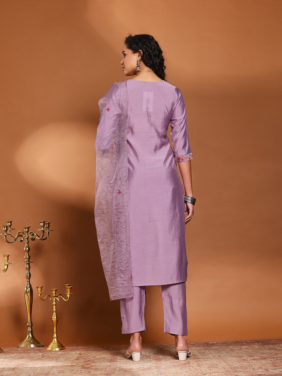 Lavender Cotton Blend Embroidered A Line Suit Set