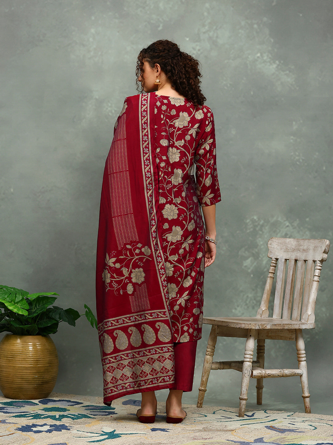 Printed Cotton Blend Kurta With Pants & Dupatta