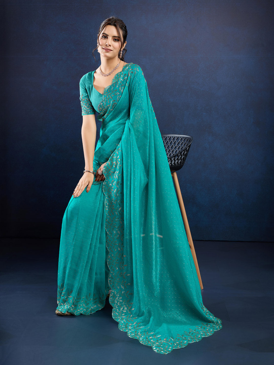 Stone Embroidery Chinon Saree