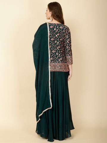 Resham Jaal Embroidery Crepe Short Jacket With Sharara & Dupatta
