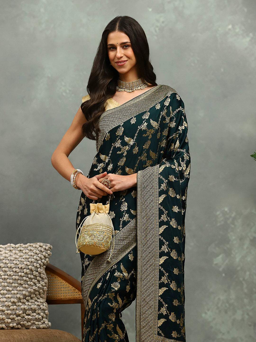Stone Work Satin Embroidery Saree