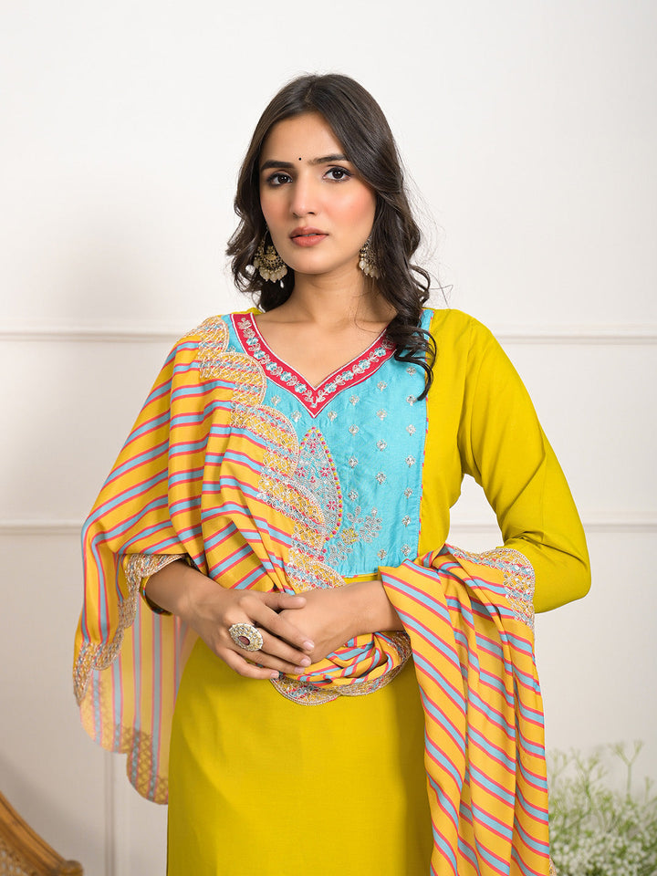 Neck Embroidered Muslin Kurta With Pants &amp; Dupatta