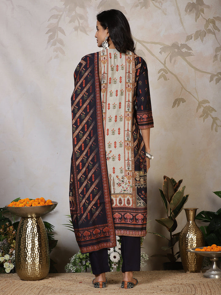 Printed Cotton Blend Kurta With Pants &amp; Dupatta