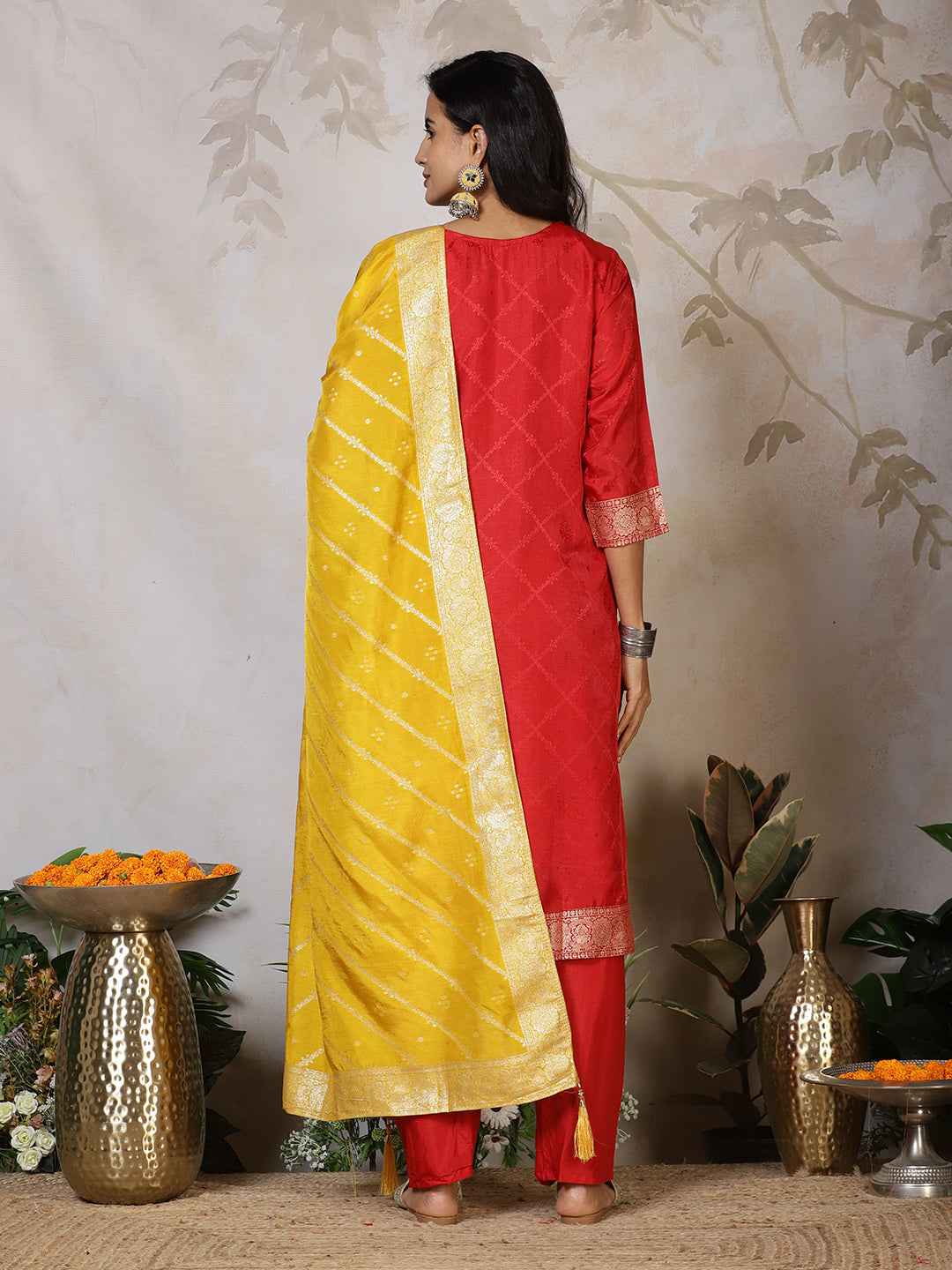 Banarasi Weave Tissue Kurta With Pants &amp; Dupatta