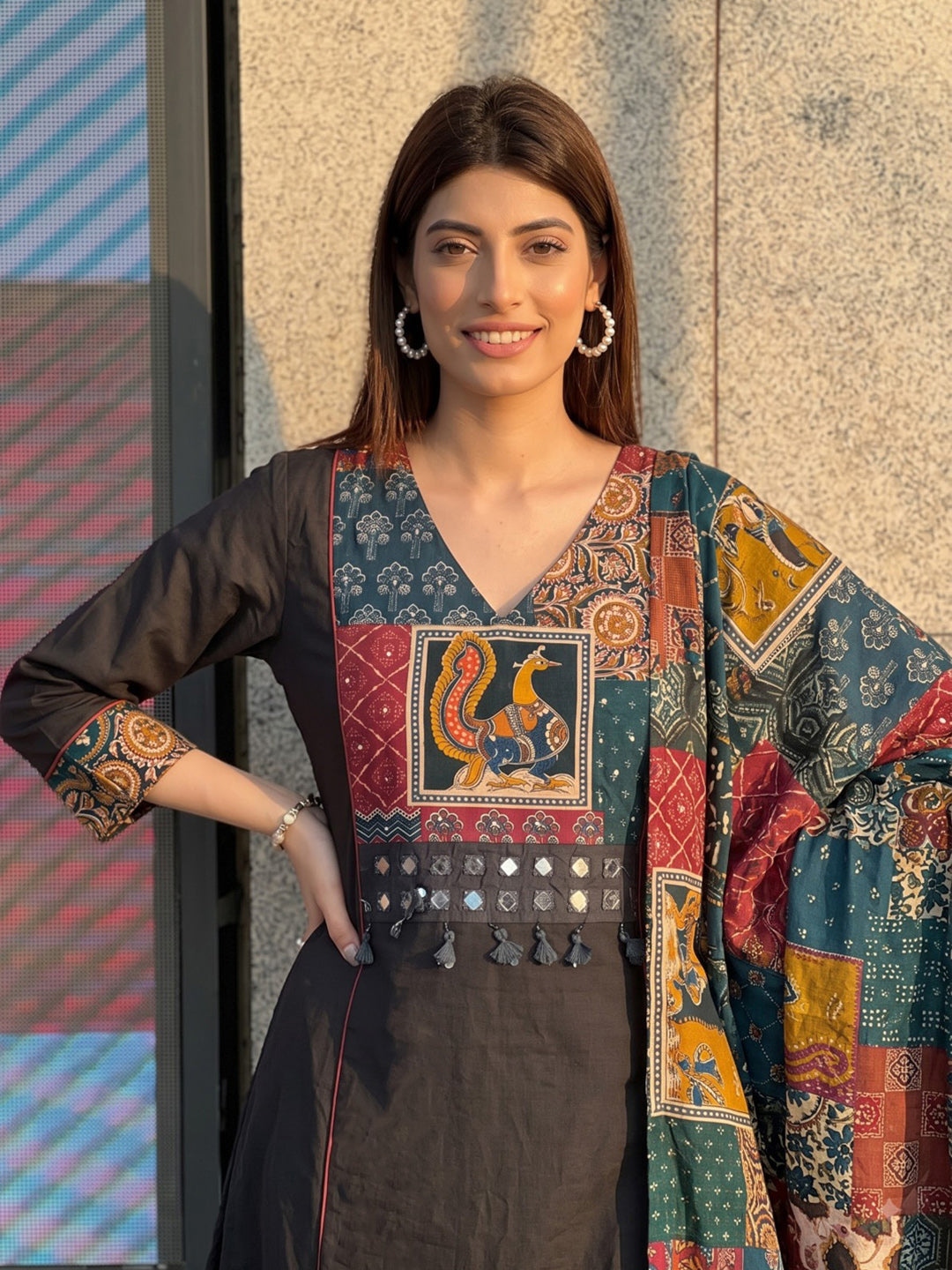 Black Printed Cotton Blend Kurta With Pant &amp; Dupatta