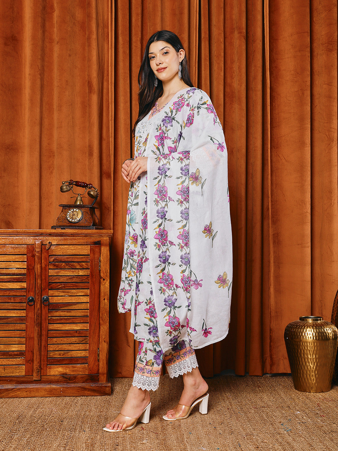 Floral Parinted Cotton Blend Kurta With Pants & Dupatta