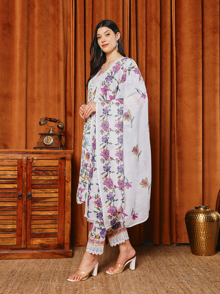 Floral Parinted Cotton Blend Kurta With Pants &amp; Dupatta