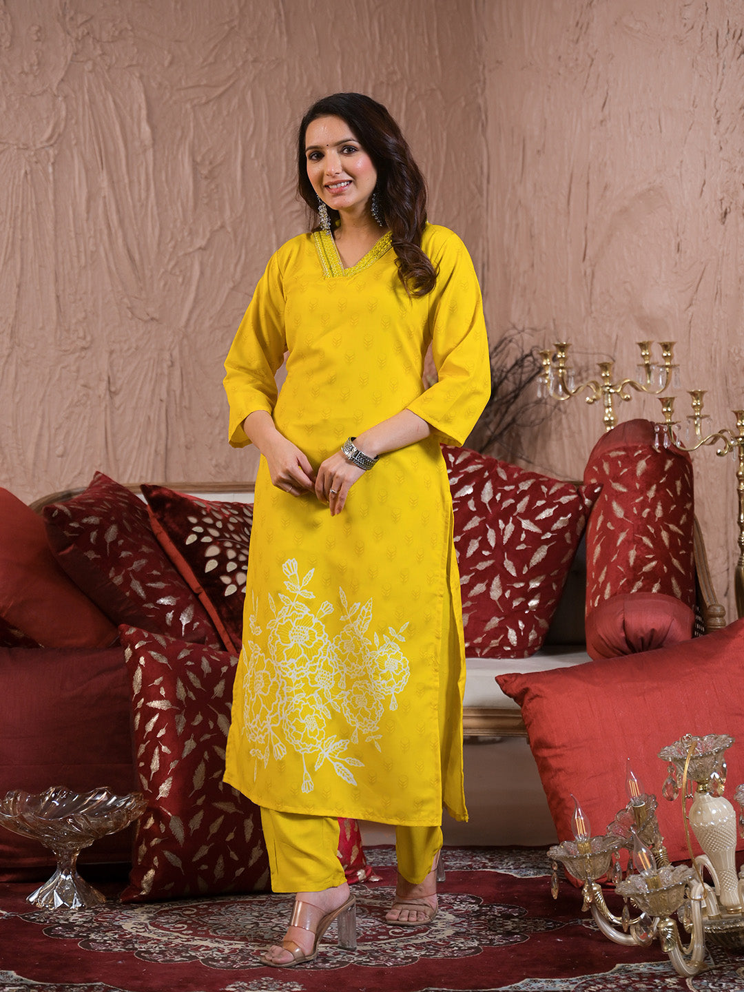 Neck Embroidery Cotton Blend Kurta With Pants &amp; Dupatta