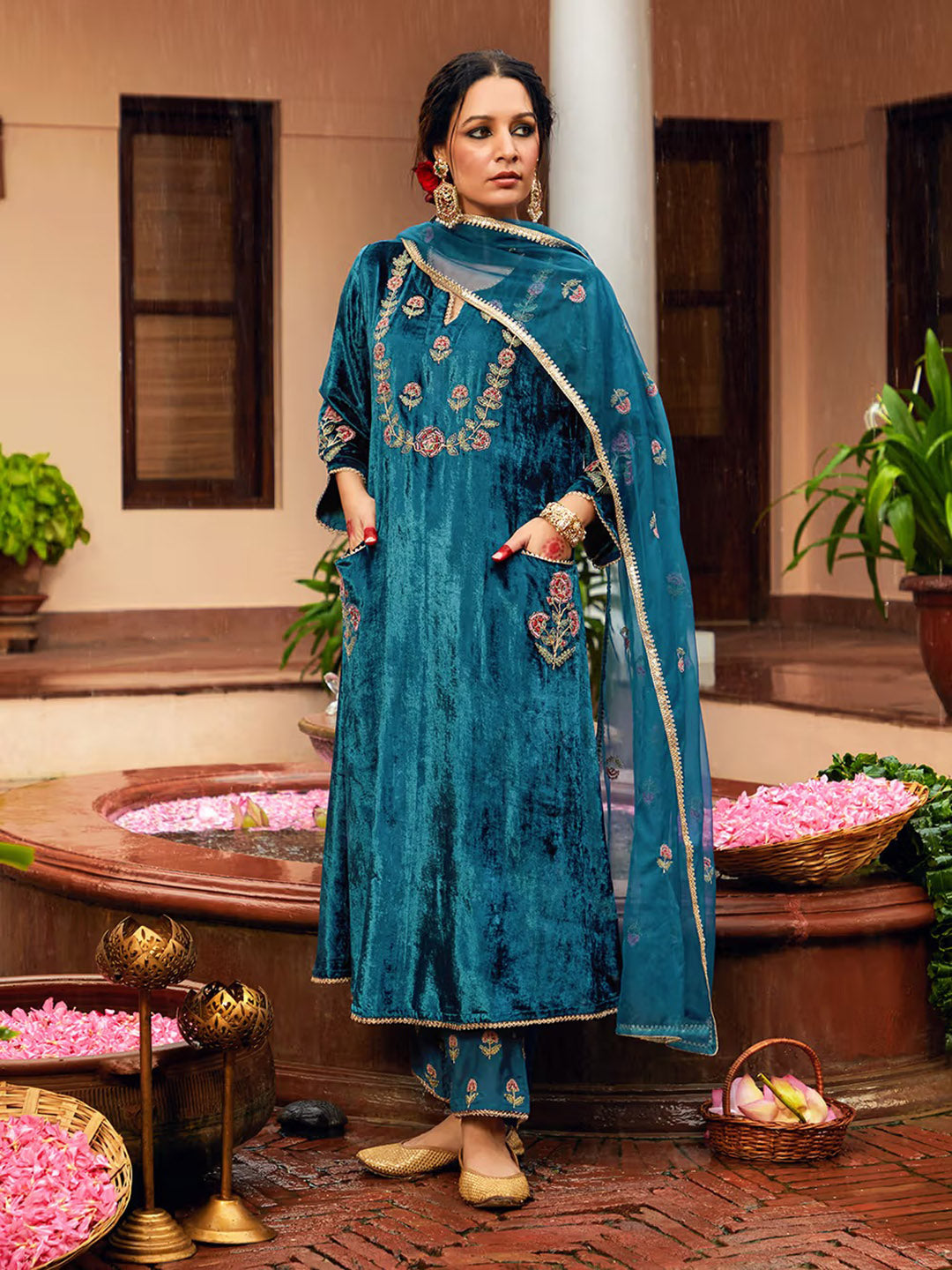 Embroidered Velvet Kurta With Pants &amp; Dupatta
