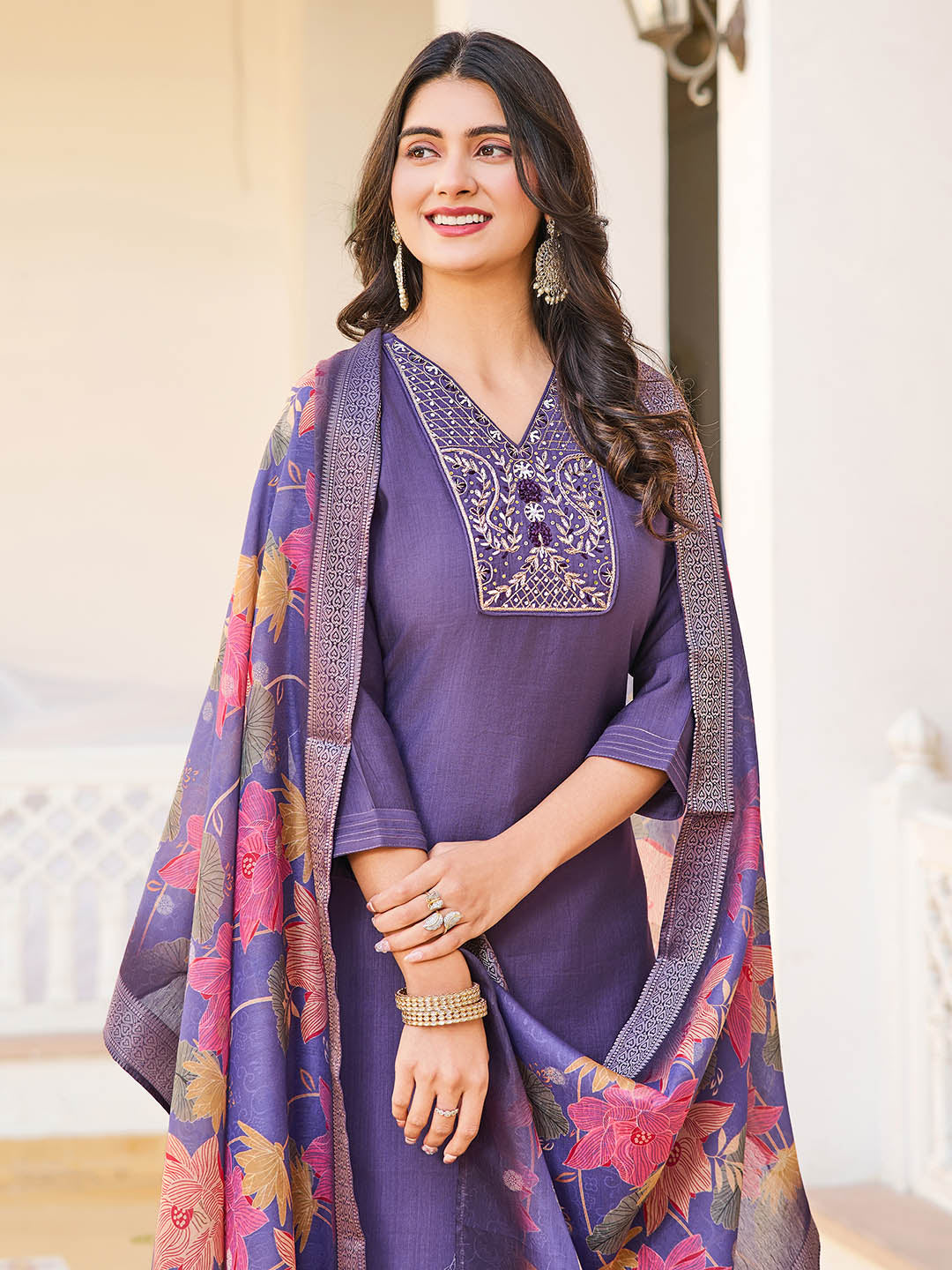 Neck Embroidery Cotton Blend Kurta With Pants &amp; Dupatta