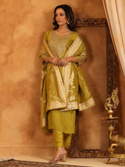 Neck Zari Embroidery Tissue Kurta With Pants & Dupatta