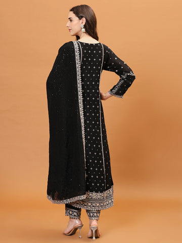 Resham Embroidery Crepe Kurta With Pants & Dupatta