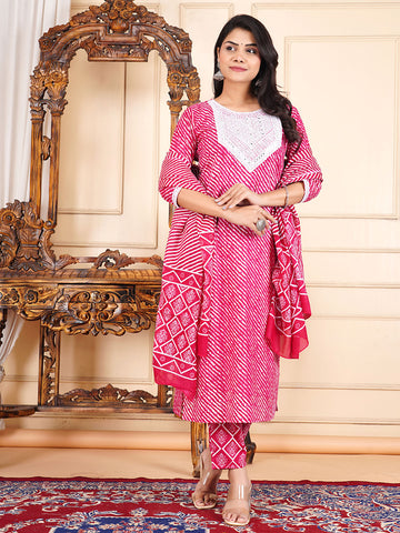 Neck Embroidery Cotton Blend Kurta With Pants & Dupatta