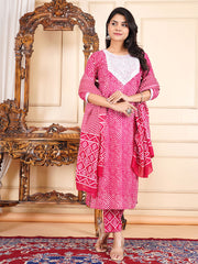 Neck Embroidery Cotton Blend Kurta With Pants & Dupatta