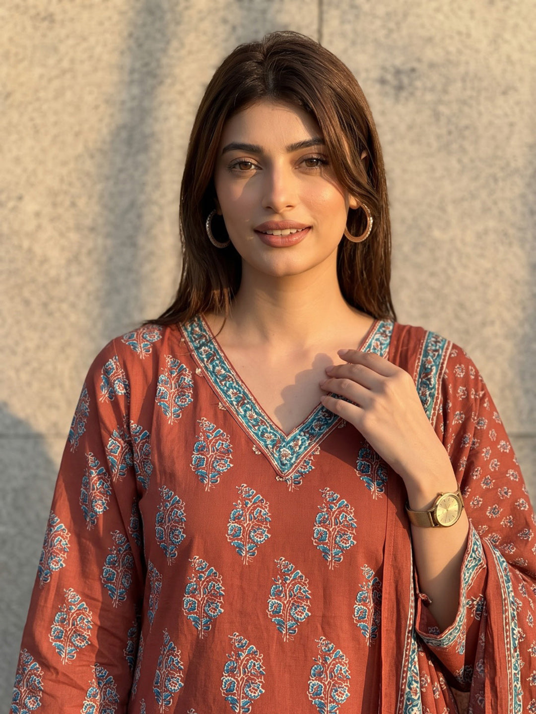 Red Printed Cotton Blend Kurta With Pant &amp; Dupatta
