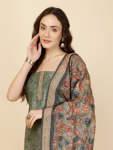 Kantha Embroidery & Printed Chanderi Unstitched Suit Piece With Dupatta