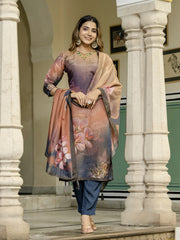 Embroidered Art Silk Kurta With Pant & Dupatta