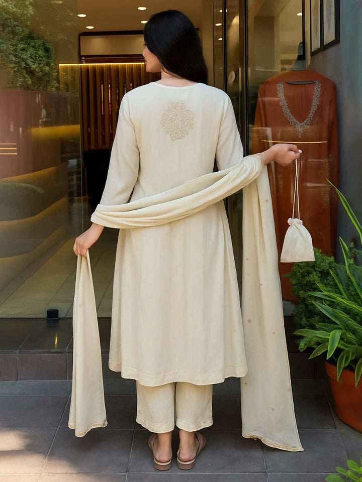 Neck Embroidered Muslin Kurta With Pants &amp; Dupatta