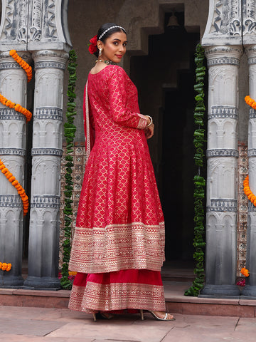 Woven Banarasi Kurti With Palazzo & Dupatta