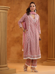 Printed Cotton Blend Kurta With Pants & Dupatta