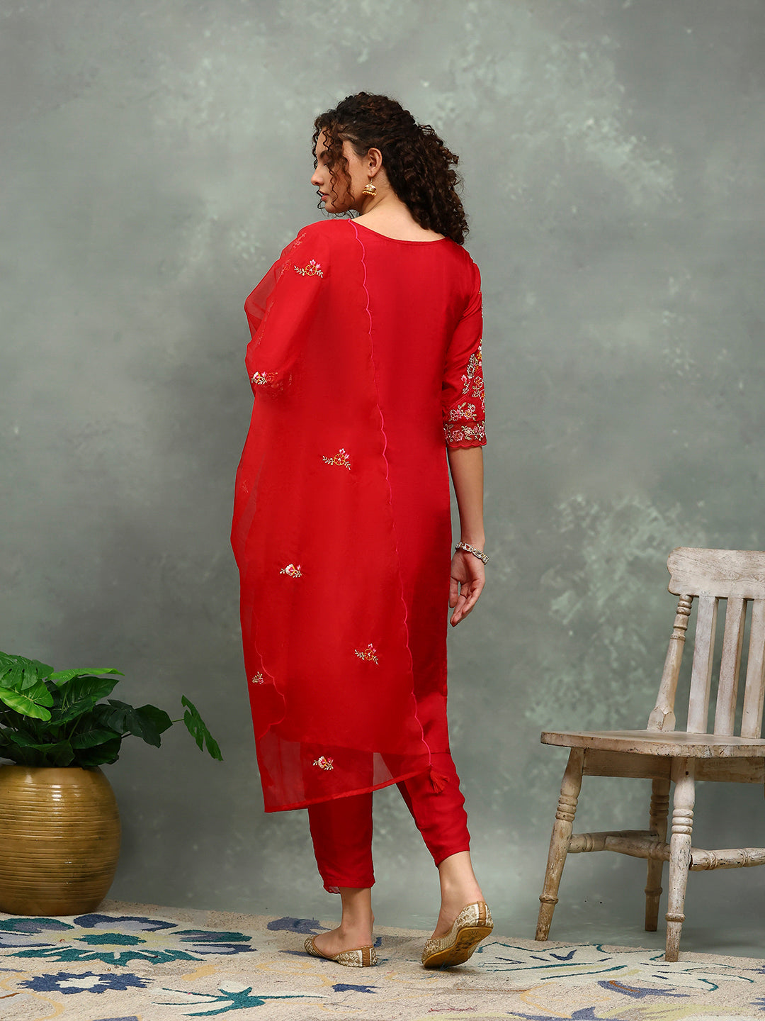 Resham Work Art Silk Kurta With Pants &amp; Dupatta
