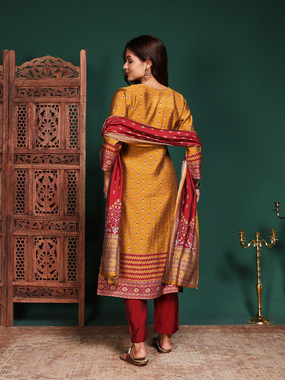 Floral Printed Art Silk Kurta With Pant &amp; Dupatta