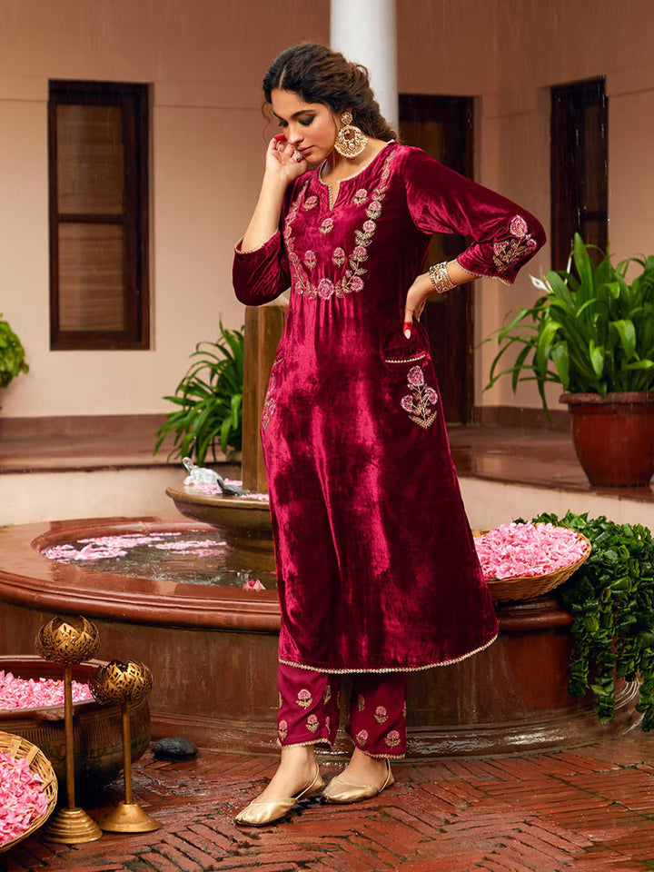 Embroidered Velvet Kurta With Pants &amp; Dupatta