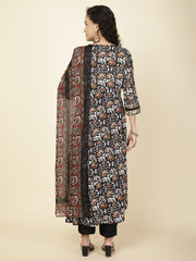 Floral Printed Cotton Kurta With Pants & Dupatta