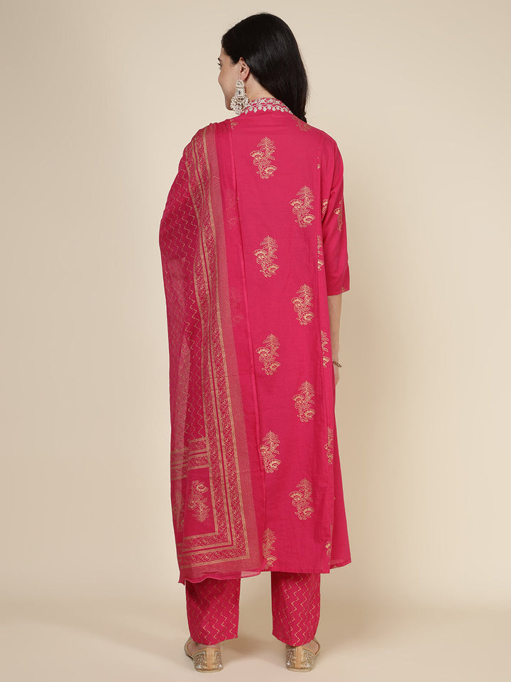Printed Cotton Blend Kurta With Pants &amp; Dupatta