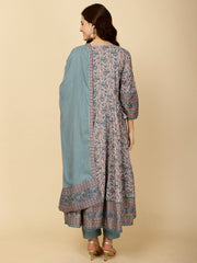 Floral Block Printed Anarkali Kurta With Pants & Dupatta