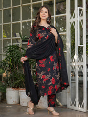 Neck Embroidery Cotton Blend Kurta With Pants & Dupatta