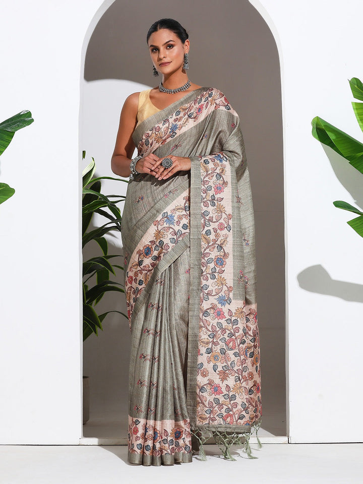 Floral Printed Tussar Silk Saree
