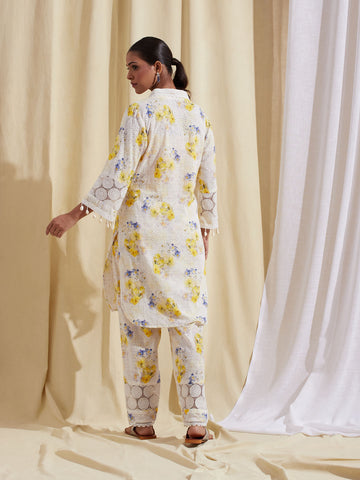 Floral Schiffli Cotton Kurti With Pants