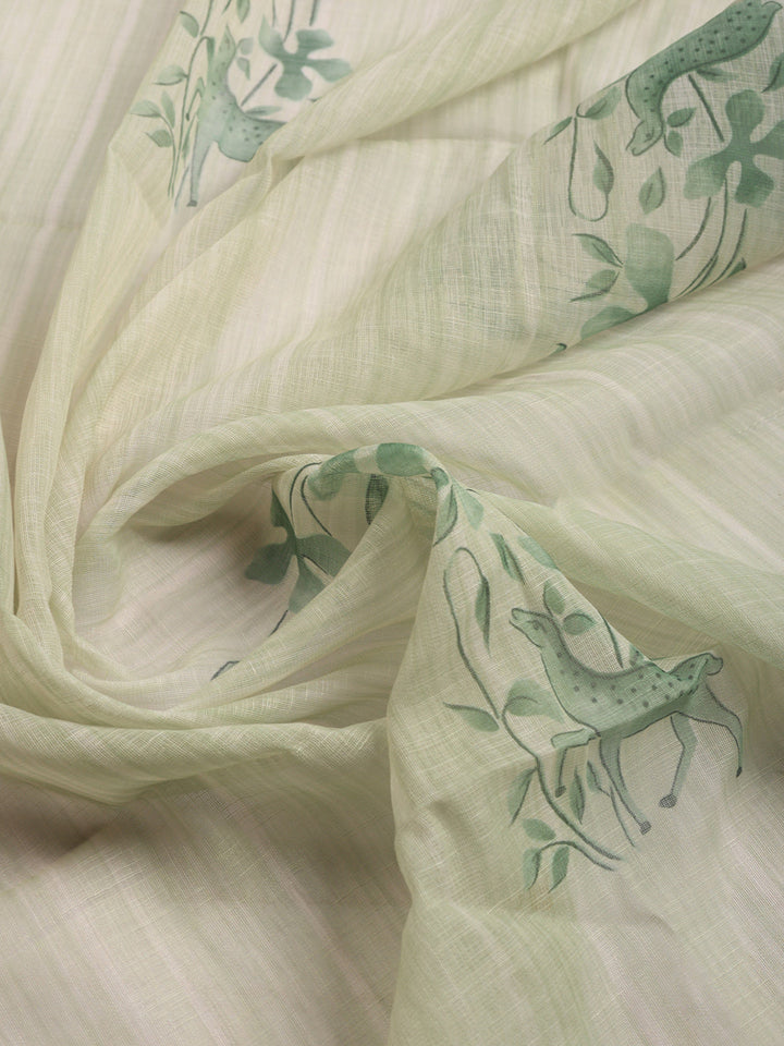 Printed Linen Blend Unstitched Suit With Pant &amp; Dupatta