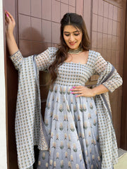 Floral Printed Anarkali Kurta With Churidar & Dupatta