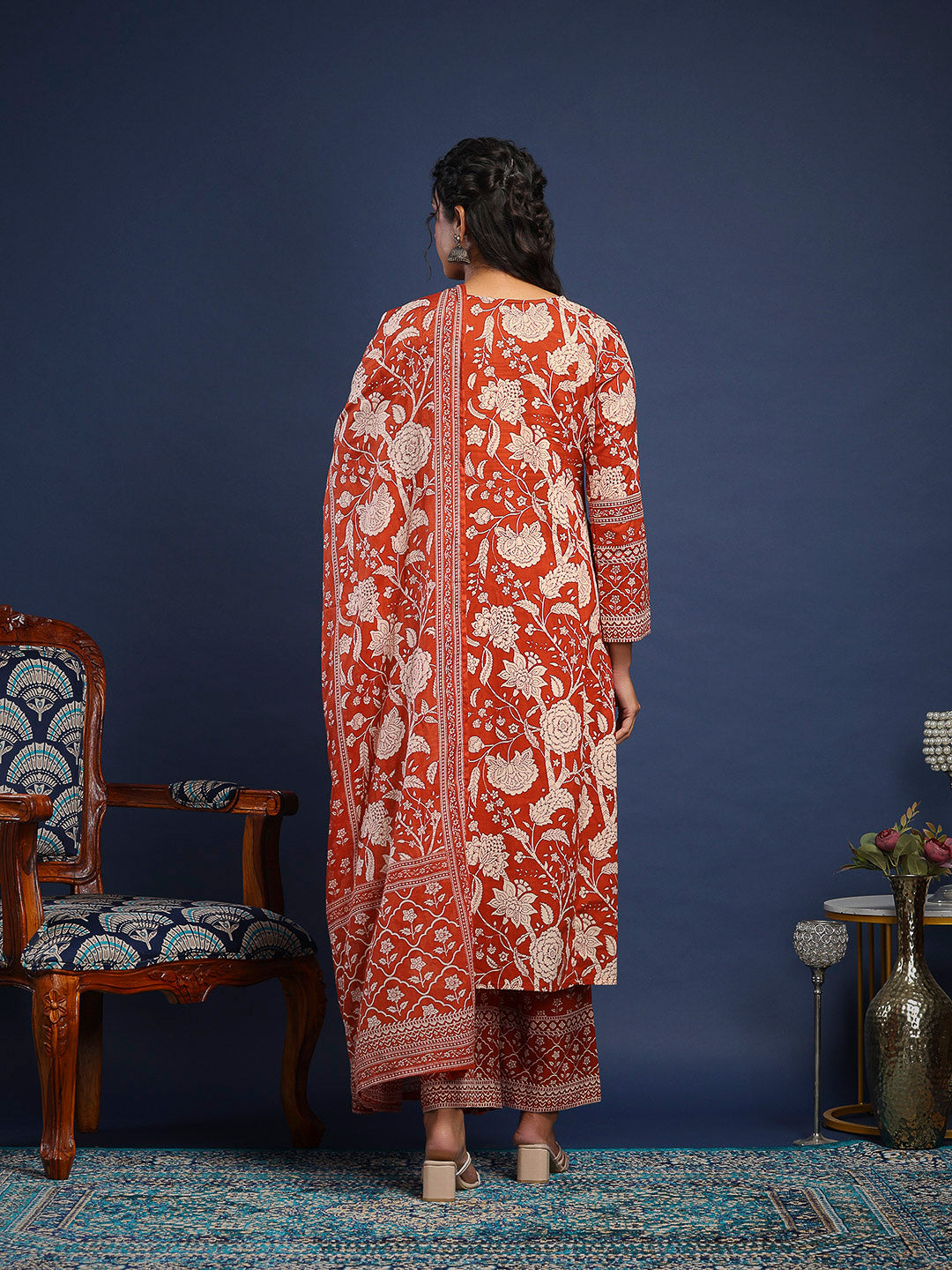 Rust Cotton Blend Printed A Line Suit Set
