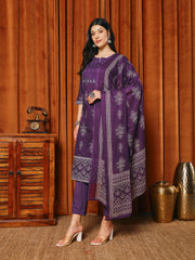 Printed Cotton Blend Kurta With Pants & Dupatta