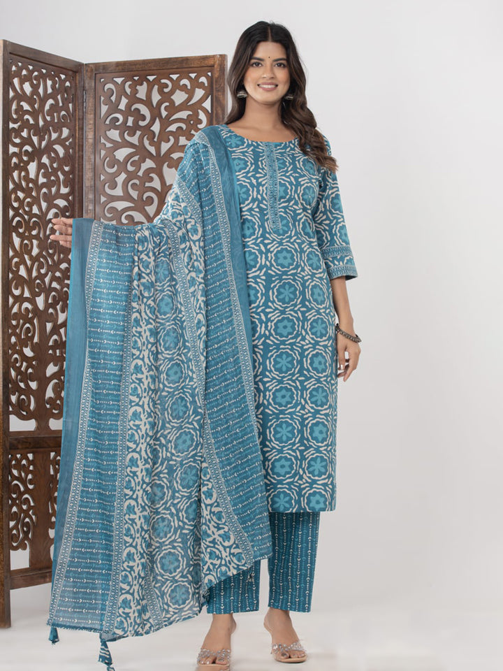 Light Blue Embroidered Cotton Blend Straight Suit Set With Dupatta