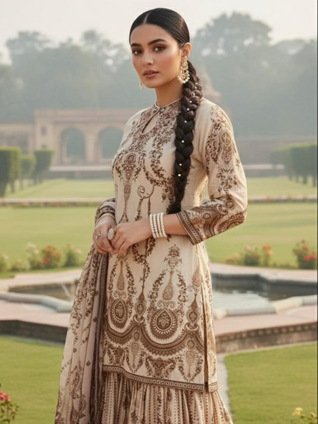 Embroidered Muslin Kurta With Gharara &amp; Dupatta