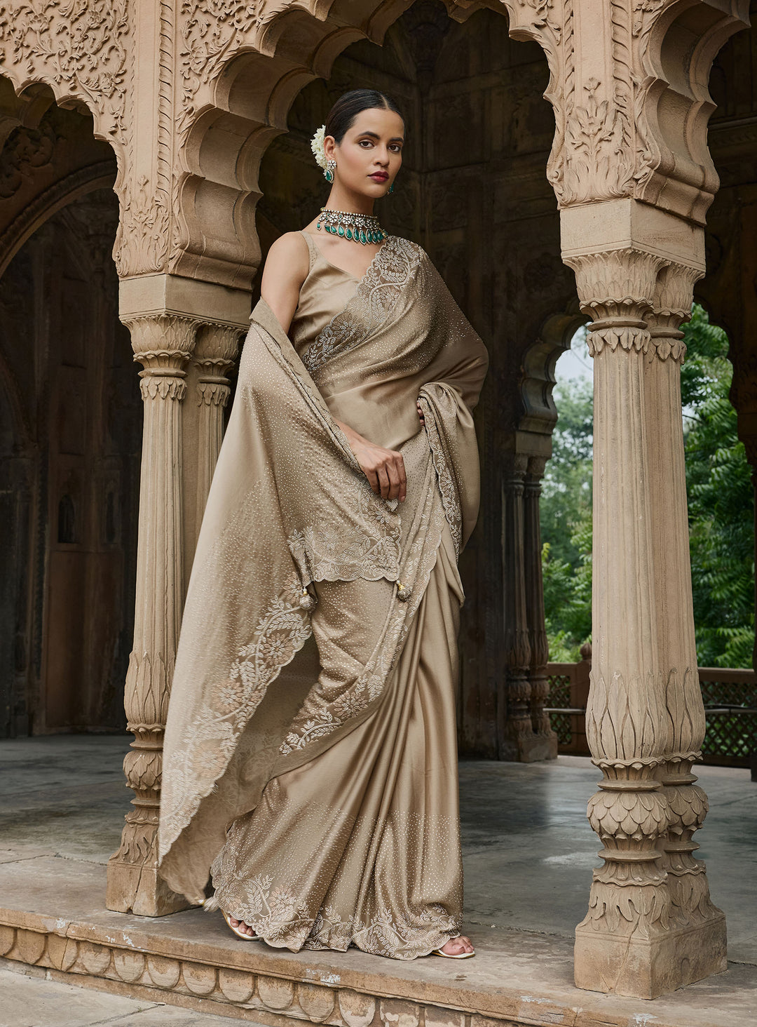 Beige Embroidered Georgette Saree