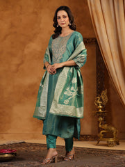 Neck Zari Embroidery Tissue Kurta With Pants & Dupatta