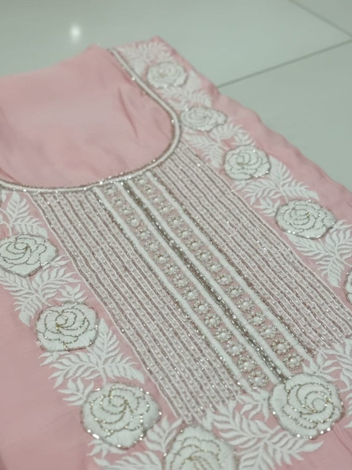 Embroidered Chanderi Unstitched Suit With Pant &amp; Dupatta