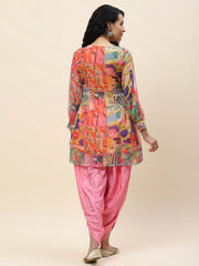 Neck Embroidered Chiffon Kurti With Dhoti Pant