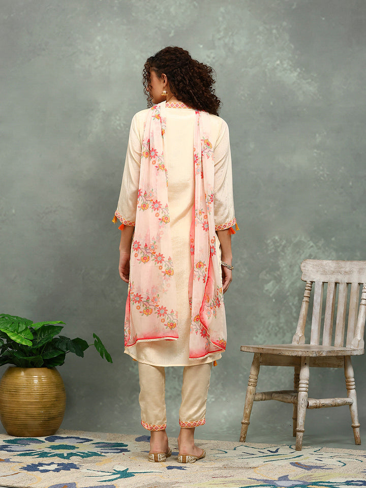 Resham Work Crepe Kurta With Pants &amp; Dupatta